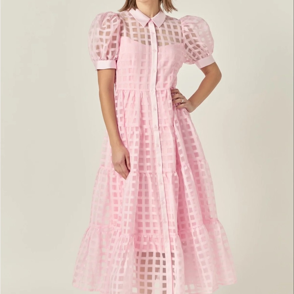 English Factory Gridded Organza Tiered Puff Sleeve Maxi Dress, Baby Pink, SIZE L
